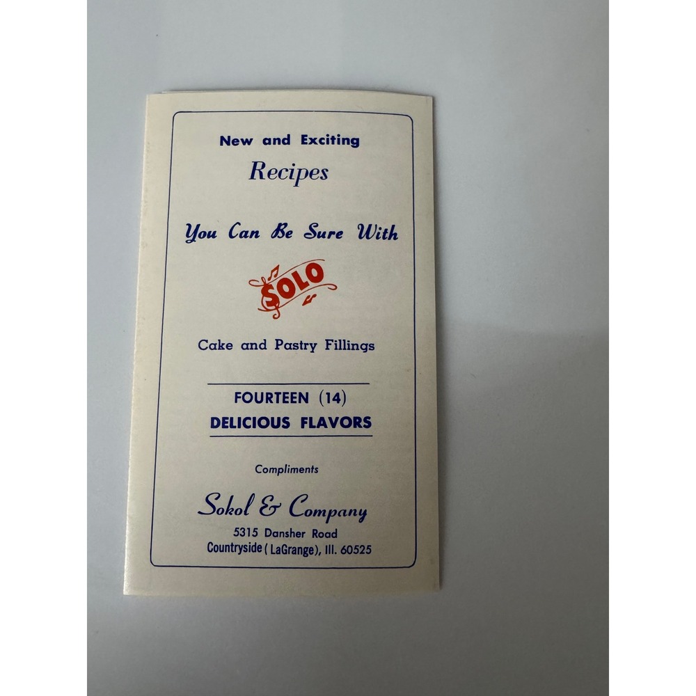 Vintage 1972 Solo Cake and Pastry Fillings Recipe Pamphlet Sokol & Company